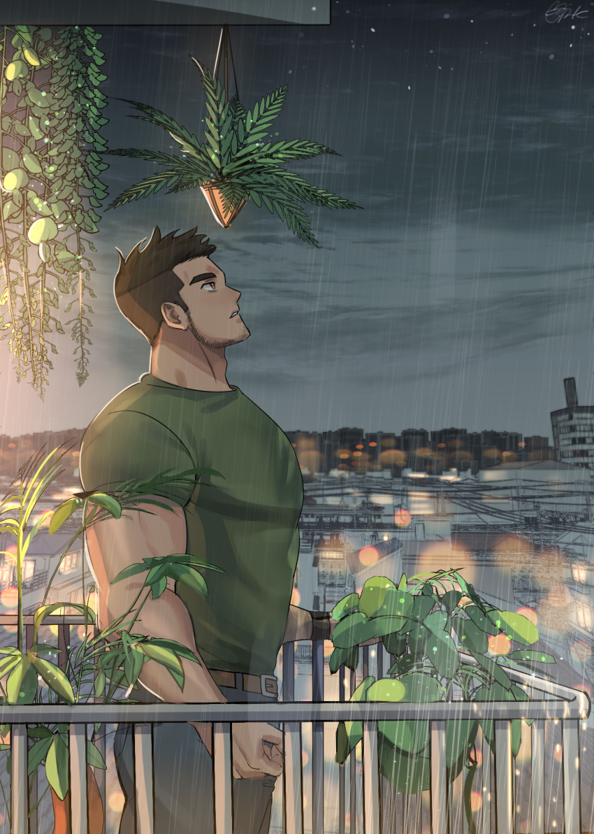 1boy, balcony, bara, belt, brk_603, brown_eyes, brown_hair, chest