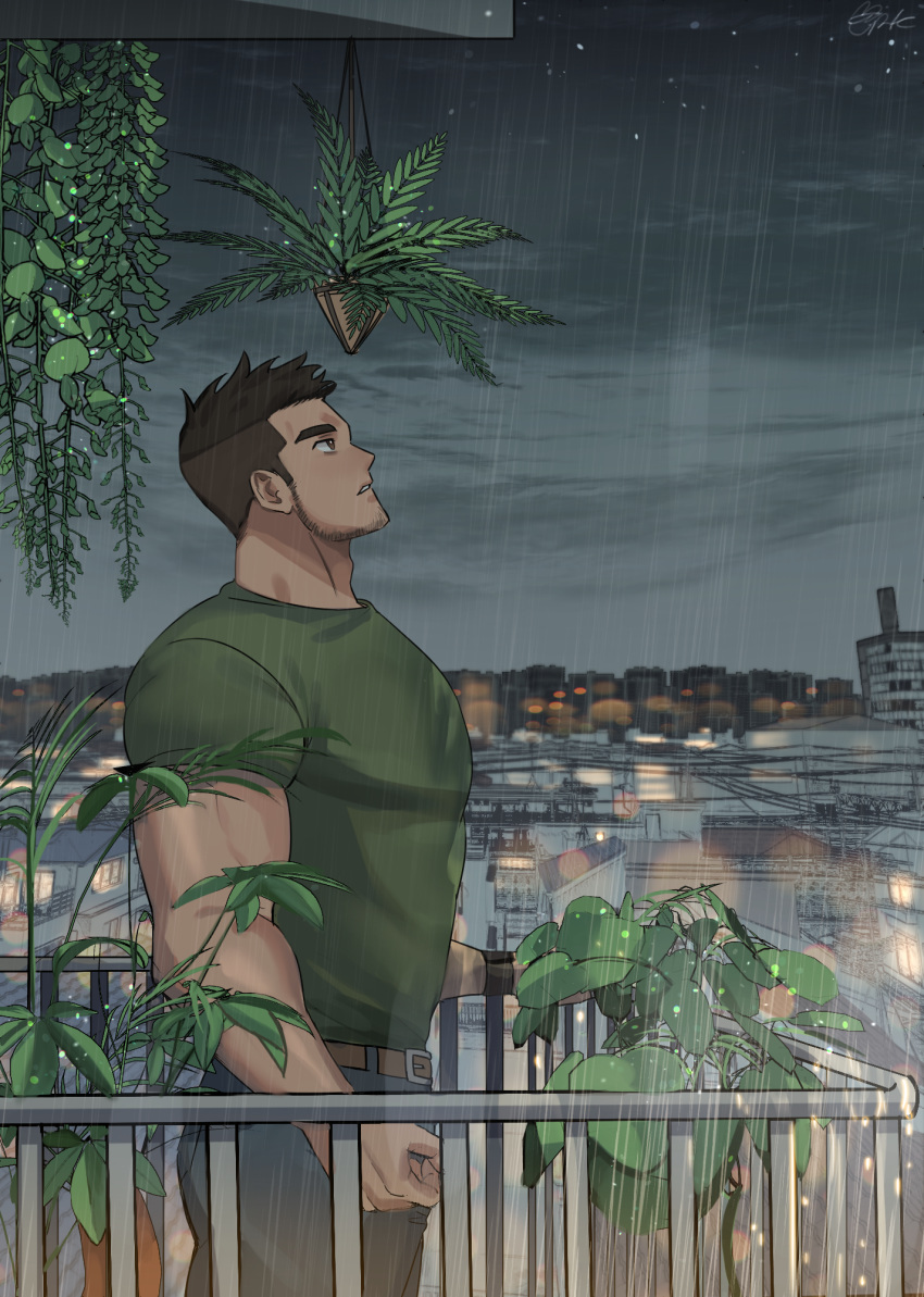 1boy, balcony, bara, belt, brk_603, brown_eyes, brown_hair, chest