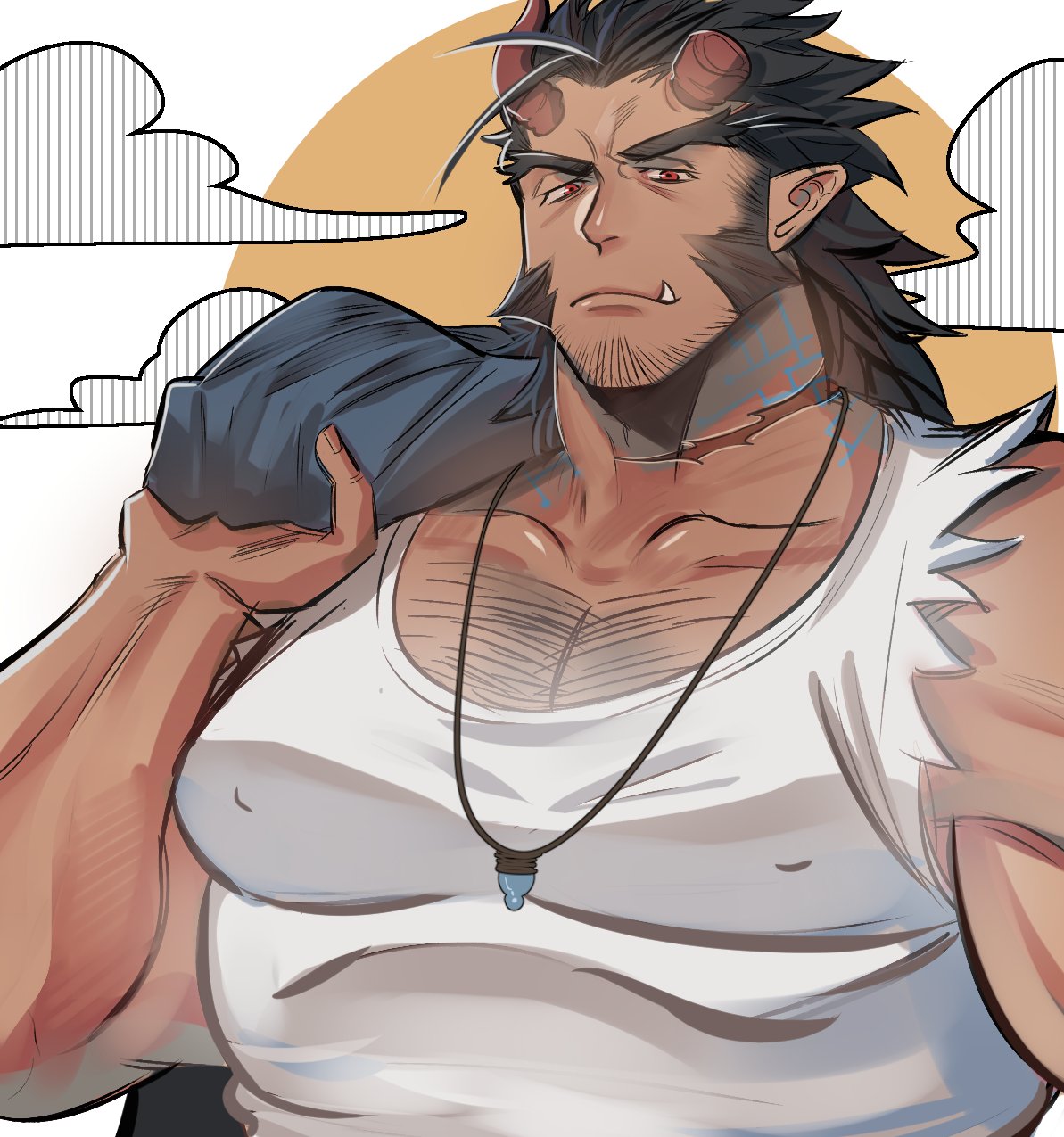 1boy, bara, black_hair, body_hair, brk_603, chest, chest_hair, covered_nipples