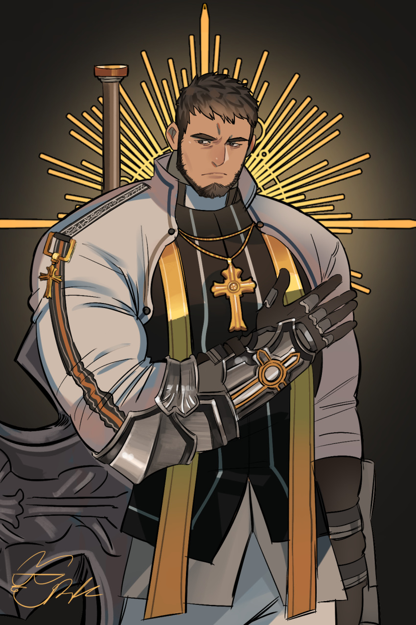 1boy, bara, beard, brk_603, brown_hair, chest, cross, cross_necklace