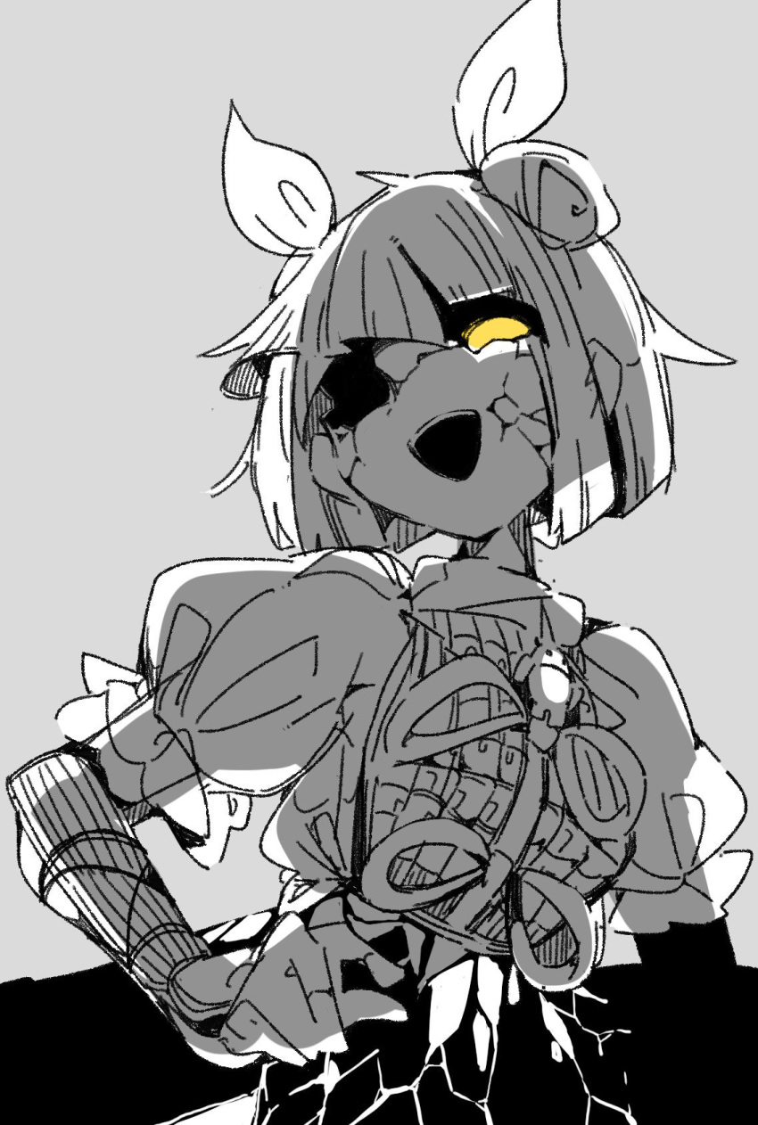 1girl, android_(os), armor, armored_dress, bangs, blunt_bangs, broken, commentary_request