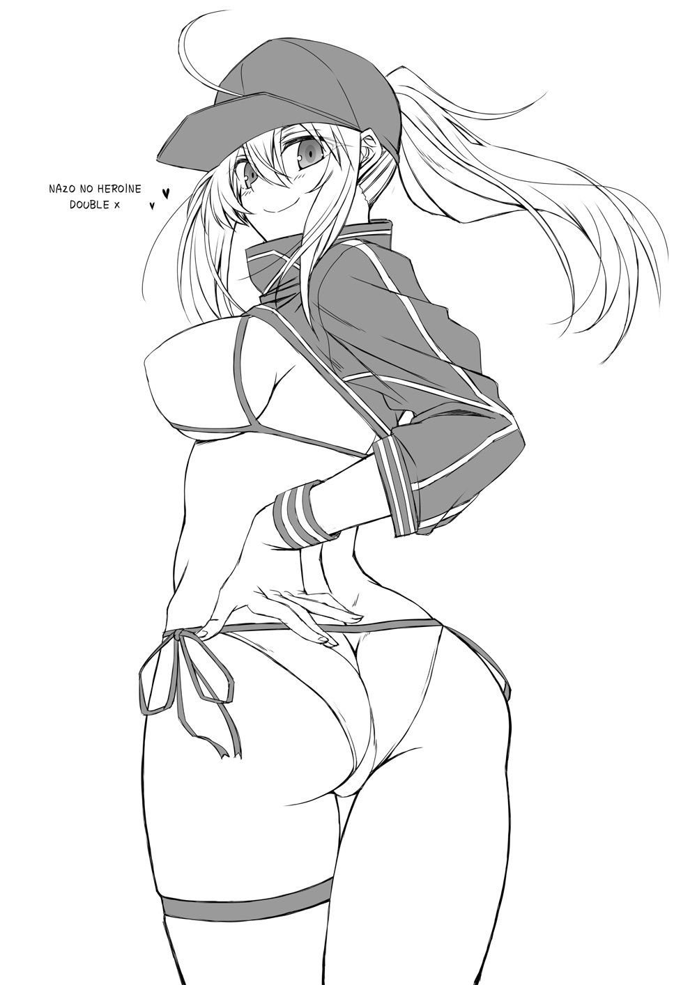 1girl, ahoge, artoria_pendragon_(all), ass, bangs, baseball_cap, bikini, breasts