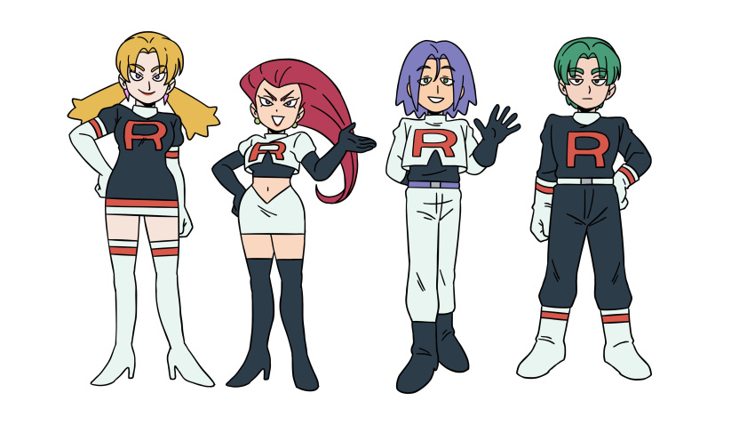 2boys, 2girls, absurdres, blonde_hair, green_hair, highres, kiana_mai, kojirou_(pokemon)