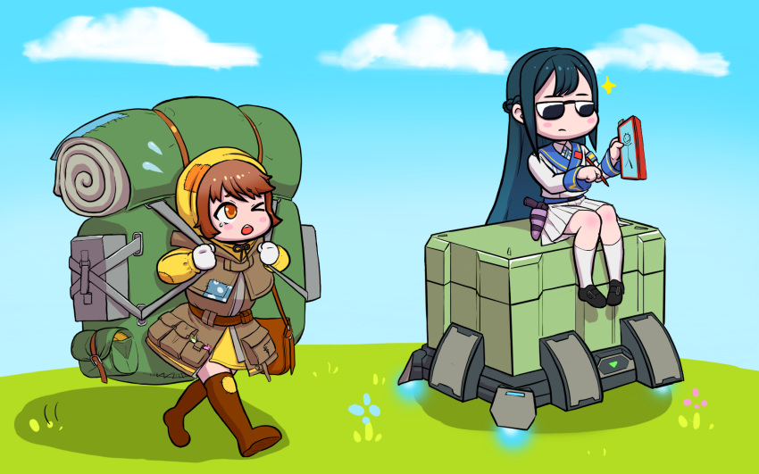 >_o, 2girls, backpack, bag, bangs, blue_hair, blush_stickers, boots, brown_eyes, brown_hair, c-33_andvari, clouds, day, eyebrows_visible_through_hair, full_body, grass, gun, handgun, heavy, highres, holster, kneehighs, last_origin, long_hair, multiple_girls, one_eye_closed, pistol, pleated_skirt, satchel, short_hair, skirt, sky, slobmine, sunglasses, t-50_px_silky, tears, weapon, white_legwear, white_skirt, yellow_hoodie, yellow_skirt