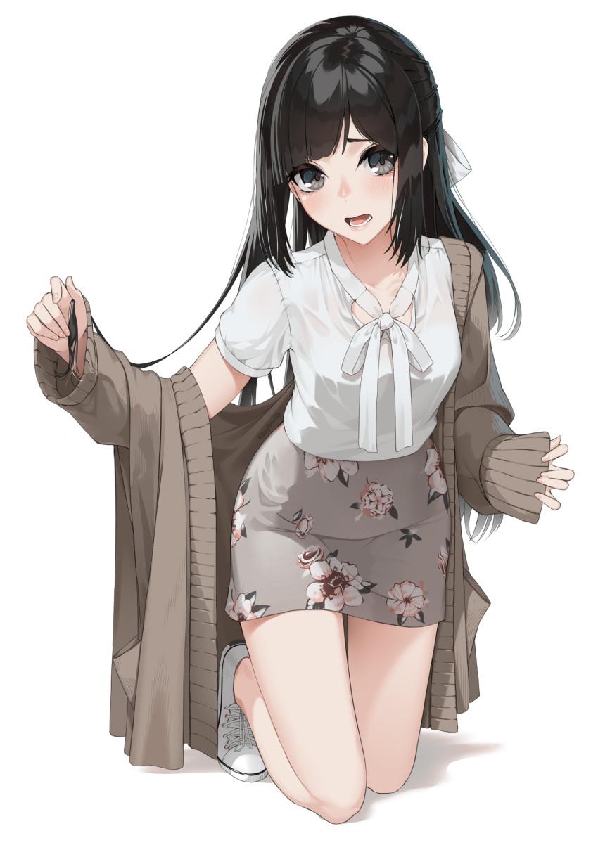 1girl, :d, absurdres, bangs, beige_jacket, black_hair, blunt_bangs, blush