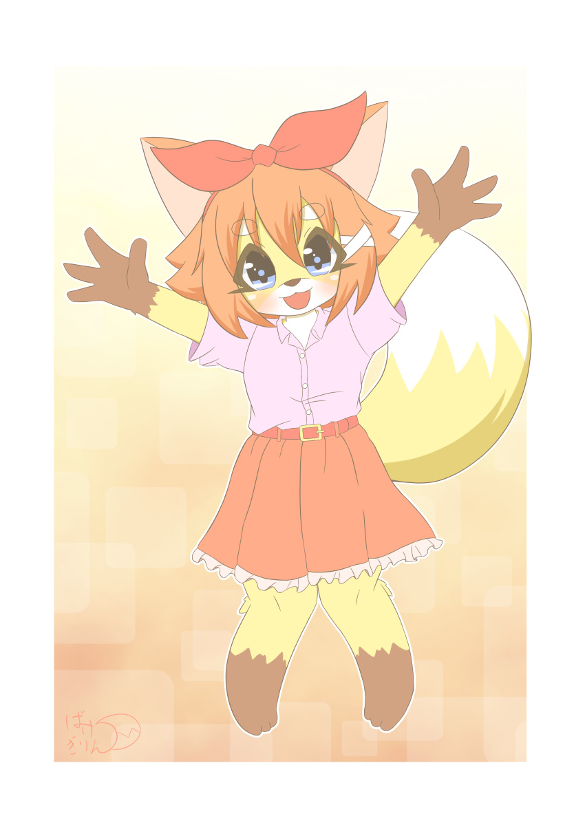 1girl, :3, :d, absurdres, animal_ears, animal_nose, bakegirin, belt, blue_eyes, blush, bow, commentary, eyebrows_visible_through_hair, fox, fox_ears, fox_girl, fox_tail, full_body, furry, gradient, gradient_background, hair_between_eyes, hair_bow, highres, medium_hair, open_mouth, orange_hair, original, outline, pink_shirt, red_belt, red_bow, red_skirt, shirt, signature, simple_background, skirt, smile, solo, standing, tail, two-tone_fur, white_fur, white_outline, yellow_fur