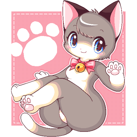 1girl, animal_ears, animal_nose, bell, black_fur, blue_eyes, blush_stickers, breasts, cat, cat_ears, cat_girl, cat_tail, closed_mouth, commentary, full_body, furry, grey_fur, grey_hair, jingle_bell, lowres, medium_breasts, original, paw_print, pawpads, pink_background, simple_background, sitting, smile, solo, tail, takiune, two-tone_fur, white_background, white_fur, wide_hips