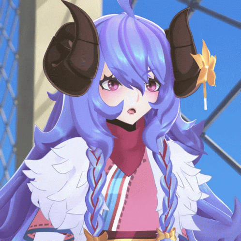 1girl, :d, ahoge, alternate_costume, alternate_eye_color, alternate_hair_color, alternate_hairstyle, animated, artist_request, blue_hair, blush, curled_horns, flower, fur, hair_between_eyes, hair_flower, hair_ornament, horns, houseki_no_kuni, japanese_clothes, kindred, lamb_(league_of_legends), league_of_legends, long_hair, lowres, open_mouth, parody, purple_hair, replaceme, ribbon, smile, spirit_blossom_kindred, twintails, white_fur
