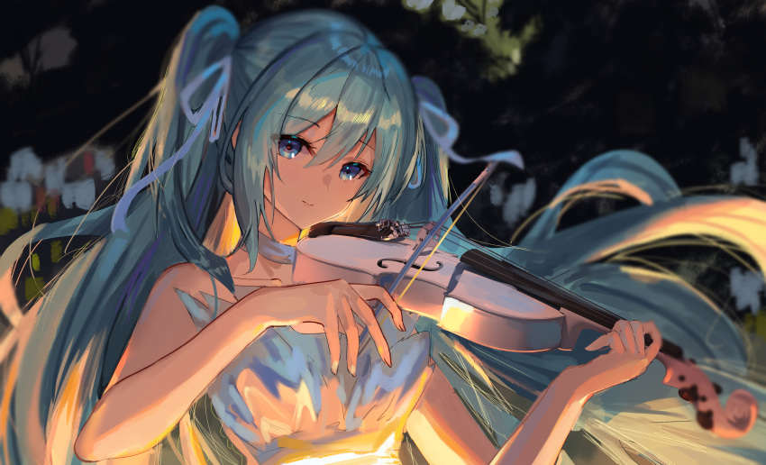 1girl, bangs, bare_arms, bare_shoulders, blue_eyes, blue_hair, blurry, blurry_background