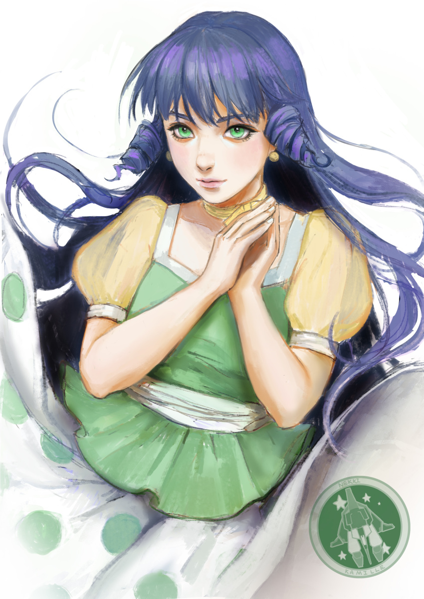 1girl, absurdres, blue_hair, choker, dress, earrings, green_eyes, hands_together