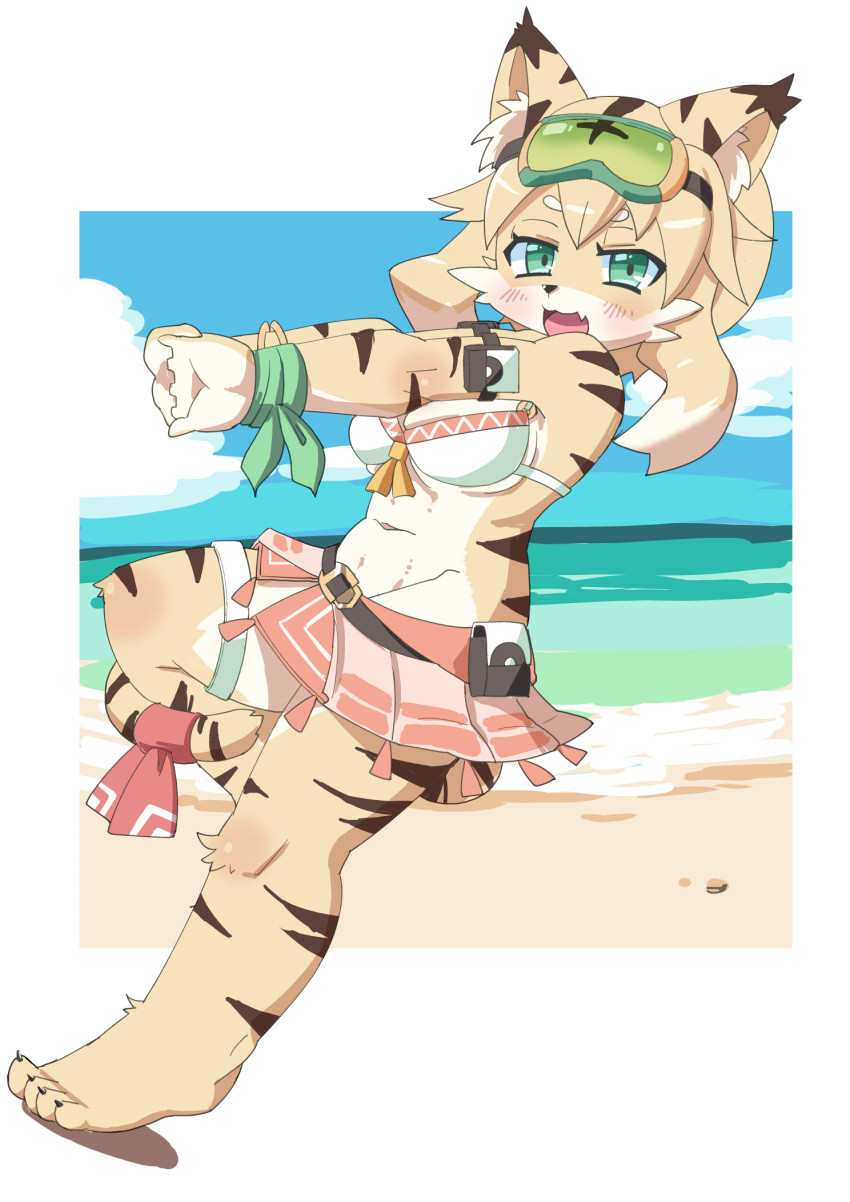 1girl, :3, :d, animal_ears, animal_nose, beach, beige_fur, belt, bikini, bikini_skirt, blush, breasts, cat, cat_ears, cat_girl, cat_tail, claws, clouds, commentary_request, eyewear_on_head, fang, full_body, furry, goggles, green-tinted_eyewear, green_eyes, highres, long_hair, looking_at_viewer, medium_breasts, mia_(world_flipper), navel, ocean, open_mouth, osa0801, sand, smile, snout, solo, standing, standing_on_one_leg, striped_fur, swimsuit, tail, two-tone_fur, world_flipper, yellow_fur