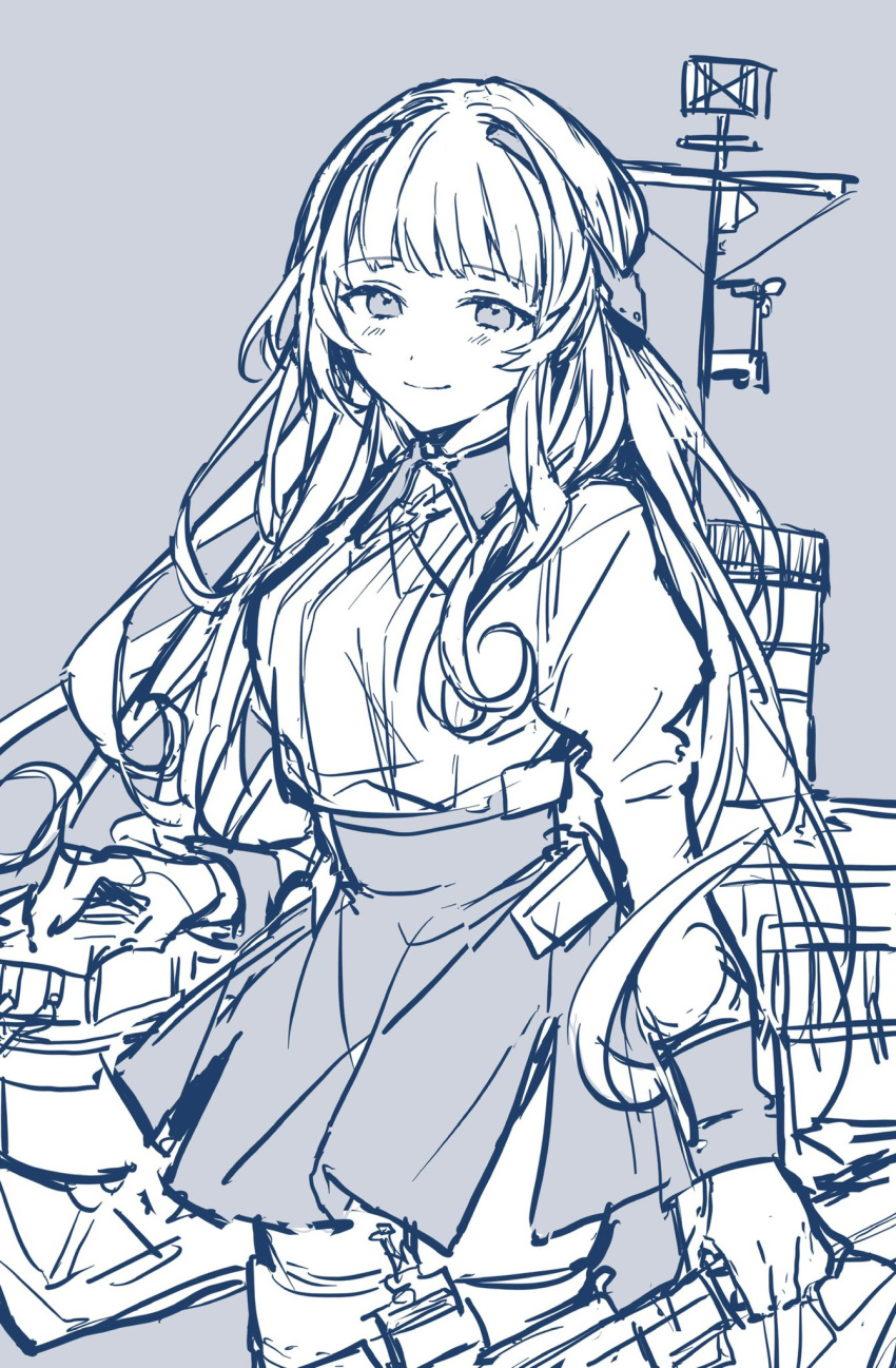 1girl, bangs, blunt_bangs, blush, breasts, greyscale, headgear, helena_(kantai_collection)