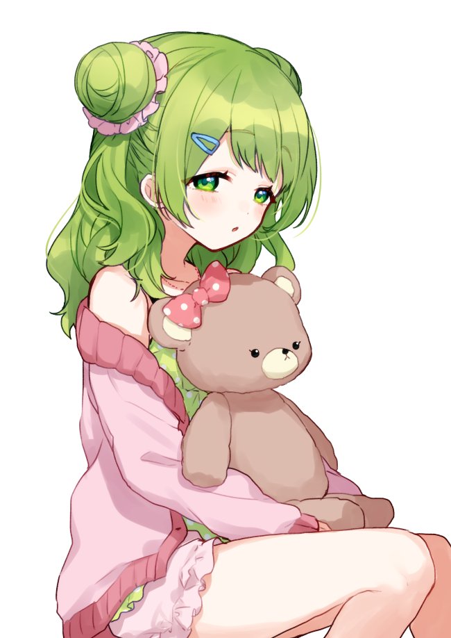 1girl, bangs, bare_shoulders, blush, bow, camisole, double_bun, eyebrows_visible_through_hair