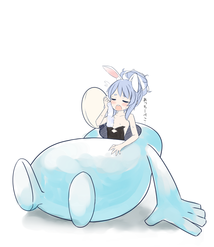 1girl, alternate_hairstyle, animal_ears, bare_shoulders, black_leotard, blush, closed_eyes, cocozasa, commentary_request, cosplay, fall_guy, fall_guy_(cosplay), fall_guys, hair_up, hololive, hot, kigurumi, leotard, light_blue_hair, open_mouth, rabbit_ears, simple_background, solo, strapless, strapless_leotard, sweat, upper_body, usada_pekora, virtual_youtuber, white_background