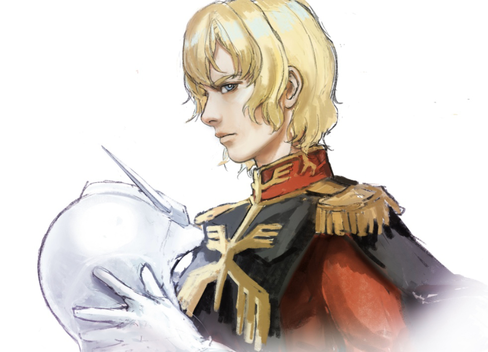 1boy, blonde_hair, char_aznable, from_side, gundam, helmet, holding, holding_helmet