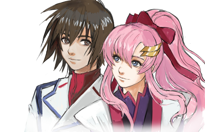 1boy, 1girl, absurdres, blue_eyes, brown_eyes, brown_hair, gundam, gundam_seed, highres, huge_filesize, kira_yamato, lacus_clyne, looking_to_the_side, nekkikamille, pink_hair, ponytail, tied_hair, uniform