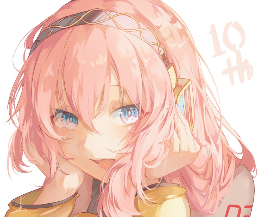 1girl, anniversary, backlighting, black_hairband, blue_eyes, blush, close-up, commentary