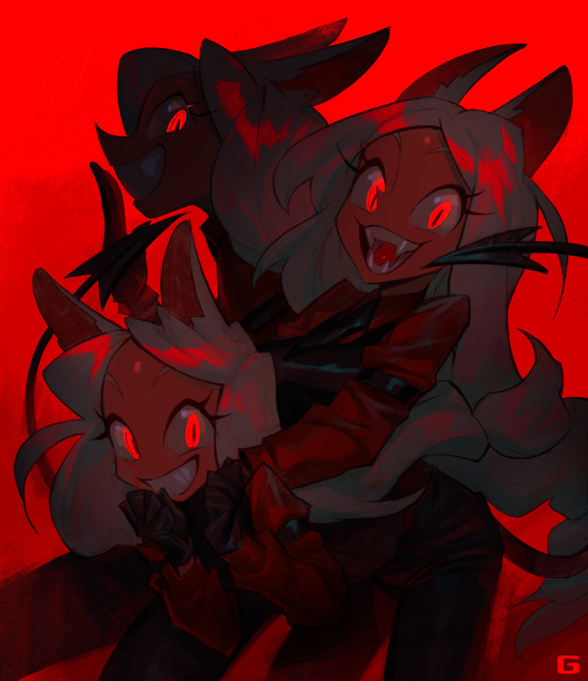 3girls, absurdres, animal_ears, arm_garter, black_gloves, breasts, cerberus_(helltaker), demon_girl, demon_tail, dog_ears, dog_girl, evil_smile, fang, fangs, formal, gamza, gloves, glowing, glowing_eyes, grin, helltaker, highres, horror_(theme), long_hair, looking_at_viewer, multiple_girls, necktie, open_mouth, pants, parted_lips, red_background, red_eyes, red_shirt, sharp_teeth, shirt, simple_background, smile, smug, suit, tail, teeth, tongue, triplets, vest, waistcoat, white_hair