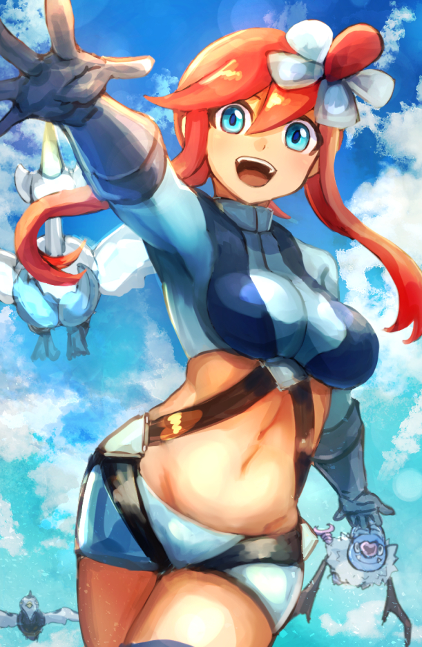 1girl, :d, bangs, belt, blue_belt, blue_eyes, blue_gloves, blue_jacket, blue_shorts, blue_sky, breasts, clouds, commentary_request, cowboy_shot, day, elbow_gloves, eyebrows_behind_hair, fuuro_(pokemon), gen_5_pokemon, gloves, groin, gym_leader, hair_between_eyes, hair_ornament, hatano_kiyoshi, jacket, large_breasts, long_sleeves, looking_at_viewer, midriff, navel, one_side_up, open_mouth, outstretched_arm, pilot_suit, pokemon, pokemon_(creature), pokemon_(game), pokemon_bw, redhead, short_shorts, shorts, sidelocks, sky, smile, solo_focus, standing, swanna, swoobat, thigh_pouch, unfezant, unfezant_(female), upper_teeth