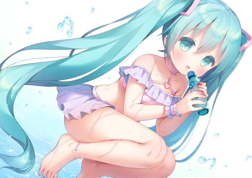 1girl, aqua_eyes, aqua_hair, bangs, bare_legs, bare_shoulders, barefoot, beamed_sixteenth_notes