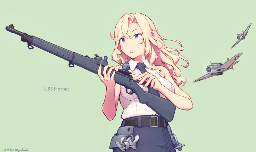 1girl, autocannon, belt, black_belt, black_neckwear, black_skirt, blonde_hair, bofors_40_mm_gun