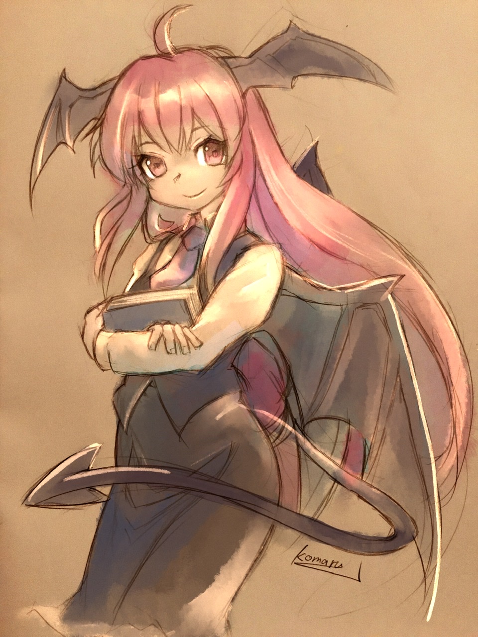 1girl, ahoge, artist_name, bat_wings, black_skirt, black_vest, book, book_hug, brown_background, collared_shirt, cowboy_shot, crossed_arms, demon_tail, dress_shirt, hair_between_eyes, head_wings, highres, holding, holding_book, koakuma, komaro, long_hair, looking_at_viewer, necktie, red_eyes, red_neckwear, redhead, shirt, sidelocks, simple_background, sketch, skirt, skirt_set, smile, solo, tail, touhou, very_long_hair, vest, white_shirt, wings