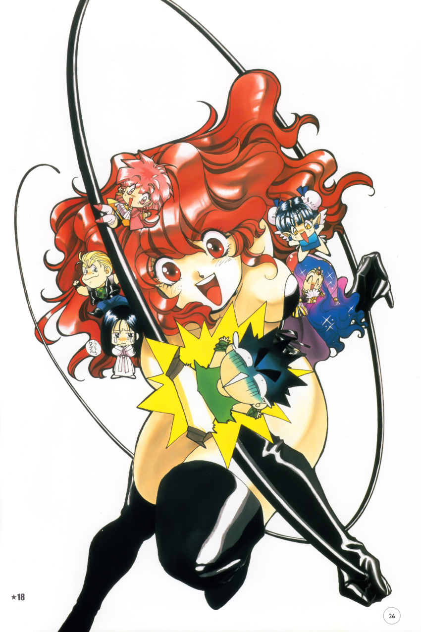 1990s_(style), 3boys, 4girls, ^_^, absurdres, bakuretsu_hunters, black_hair, black_legwear
