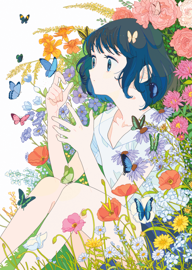 1girl, bangs, black_hair, blue_butterfly, blue_eyes, blue_flower, blue_skirt, bug
