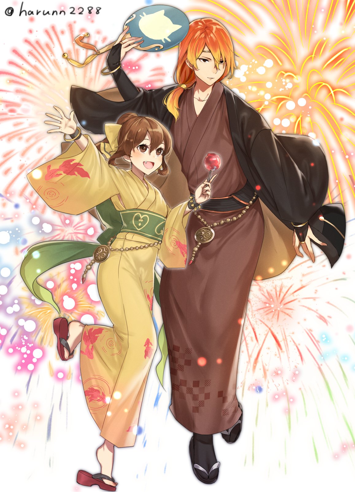 1boy, 1girl, alternate_costume, brother_and_sister, brown_eyes, brown_hair, candy_apple, closed_mouth