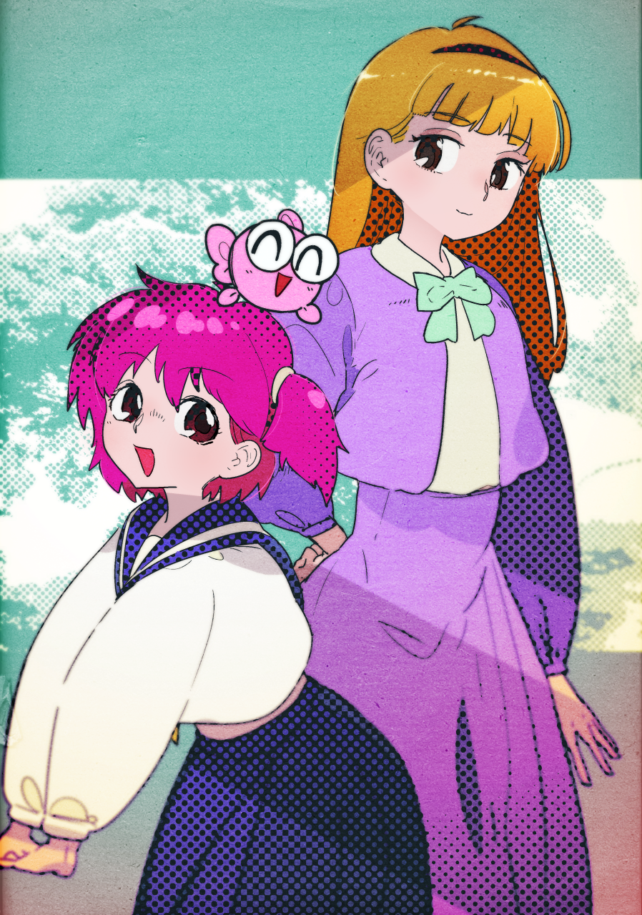 2girls, bangs, blonde_hair, blue_sailor_collar, blue_skirt, blush, bow, bowtie