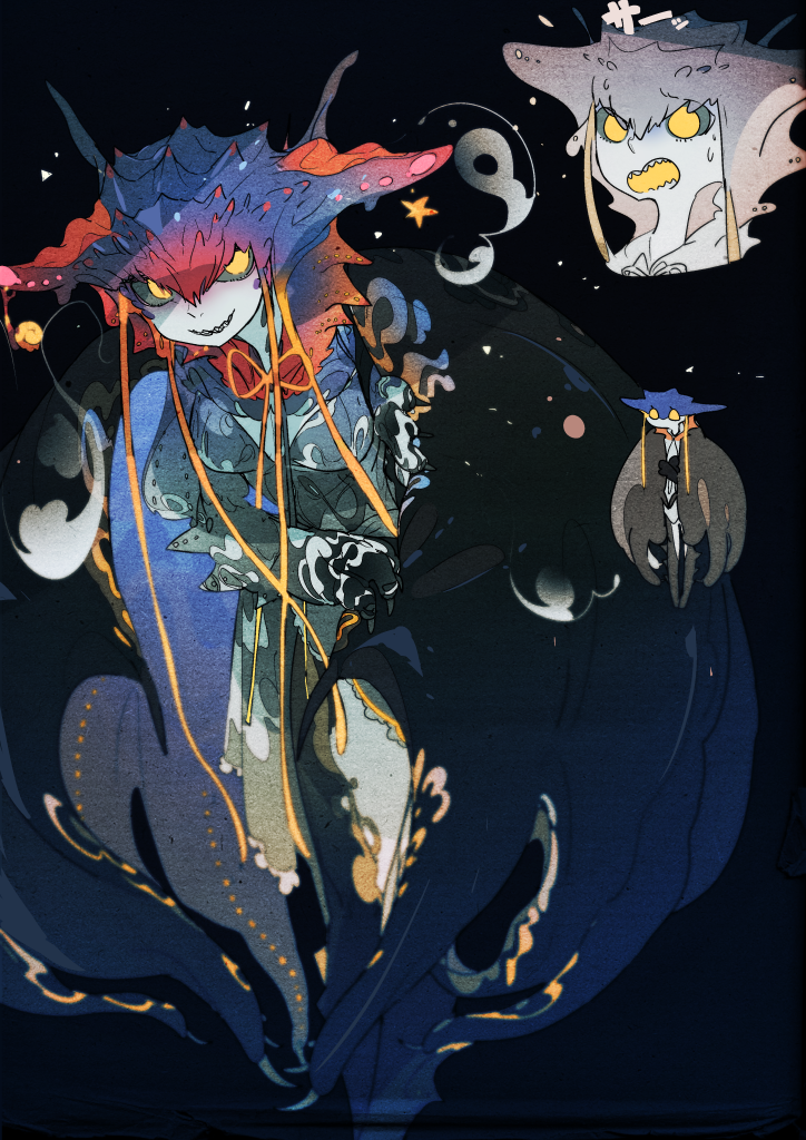1girl, black_sclera, blue_background, breasts, bubble, claws, commentary, dark