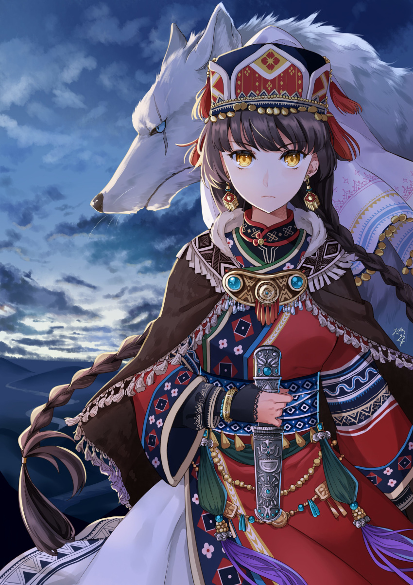 1girl, absurdres, animal, beads, beil, blue_sky, bracelet, braid