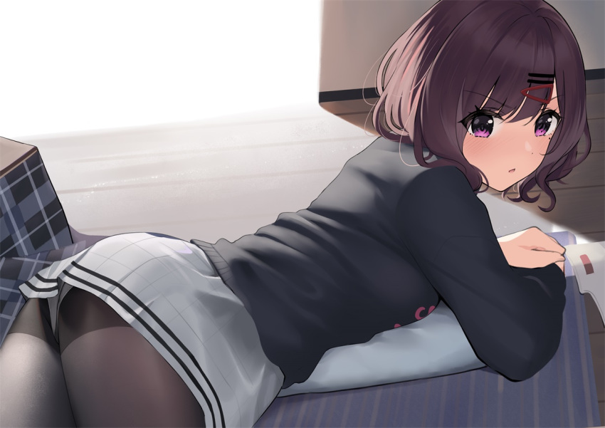 1girl, bangs, black_legwear, black_sweater, blush, book, breasts, brown_hair