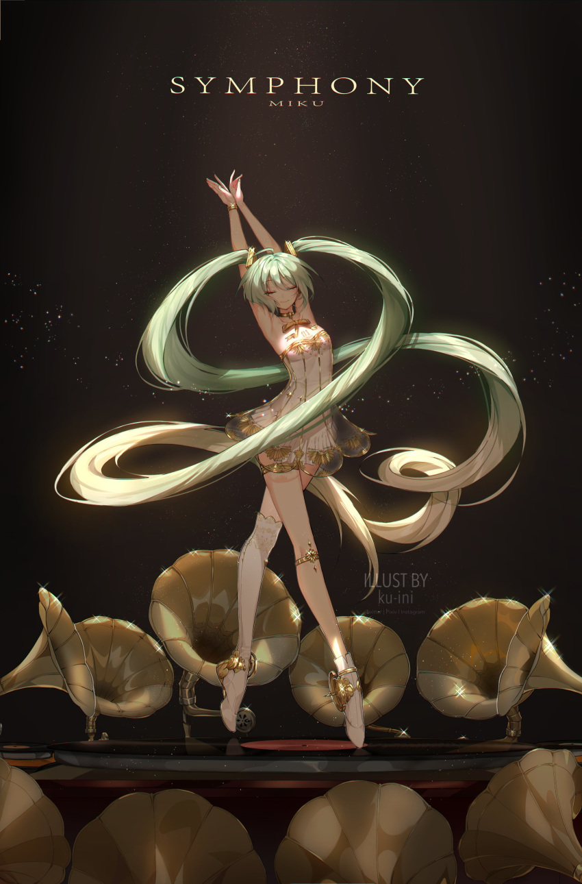 1girl, absurdres, ahoge, armpits, arms_up, asymmetrical_legwear, ballerina, bangs