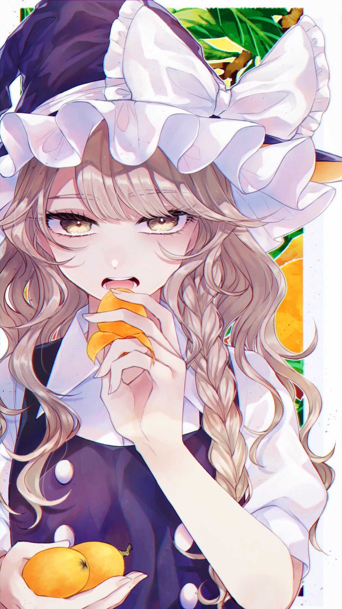 1girl, bangs, black_headwear, black_vest, blonde_hair, bow, braid, branch, commentary, food, food_request, fruit, hat, hat_bow, highres, holding, holding_food, katai_(nekoneko0720), kirisame_marisa, leaf, long_hair, looking_at_viewer, open_mouth, shirt, short_sleeves, single_braid, solo, touhou, upper_body, vest, white_bow, white_shirt, witch_hat, yellow_eyes