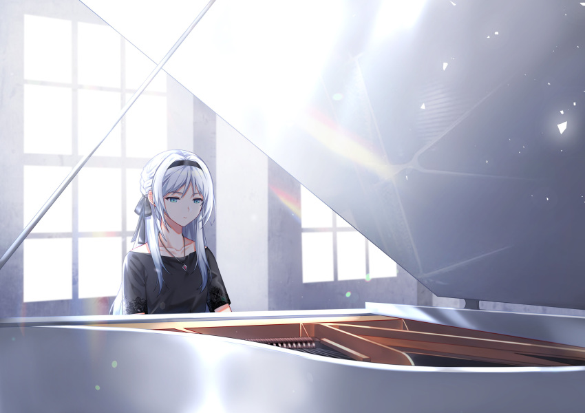 1girl, absurdres, alternate_costume, an-94_(girls_frontline), bangs, black_dress, blue_eyes, breasts, closed_mouth, collarbone, dress, girls_frontline, hair_ribbon, hairband, han_a_o3o, highres, indoors, instrument, jewelry, long_hair, necklace, off-shoulder_dress, off_shoulder, pendant, piano, ribbon, sidelocks, silver_hair, sitting, small_breasts