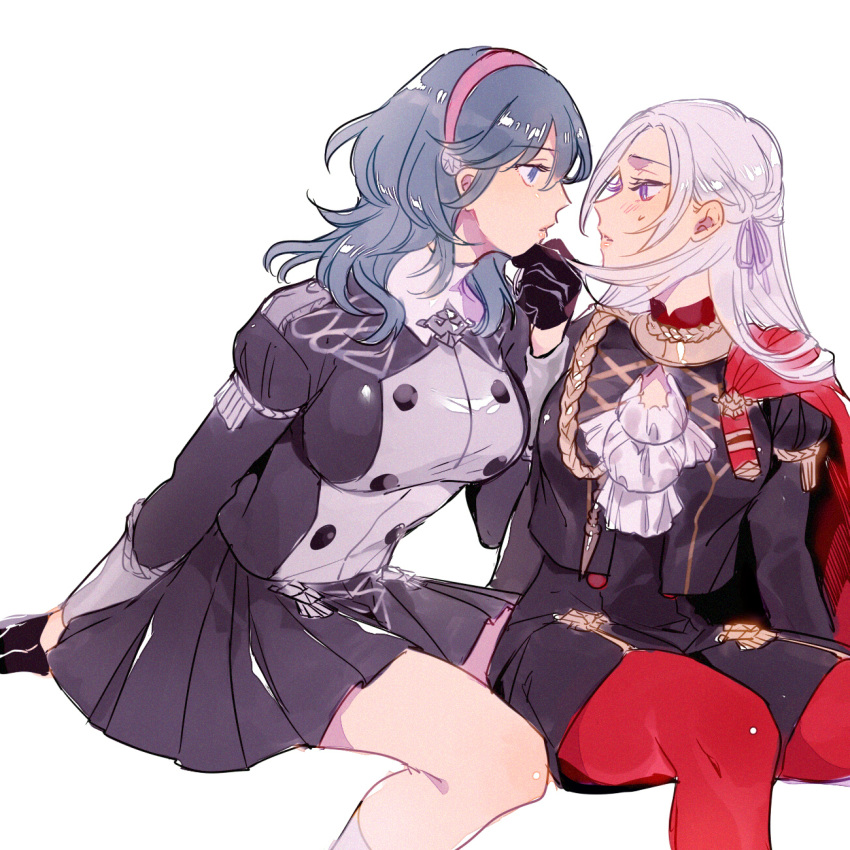 2girls, aiguillette, bangs, bare_legs, black_gloves, black_shirt, black_shorts, black_skirt, blue_eyes, blue_hair, blush, breasts, byleth_(fire_emblem), byleth_eisner_(female), capelet, commentary_request, cravat, edelgard_von_hresvelg, eyelashes, face-to-face, fire_emblem, fire_emblem:_three_houses, from_side, garreg_mach_monastery_uniform, gloves, hair_between_eyes, hair_ribbon, hairband, highres, holding_another's_hair, invisible_chair, large_breasts, lips, long_hair, long_sleeves, medium_breasts, medium_hair, miniskirt, mizuno_(iori-amu), multiple_girls, pantyhose, parted_bangs, parted_lips, pleated_skirt, profile, red_capelet, red_legwear, ribbon, shirt, shorts, silver_hair, simple_background, sitting, skirt, straight_hair, sweatdrop, thighs, violet_eyes, white_background, yuri