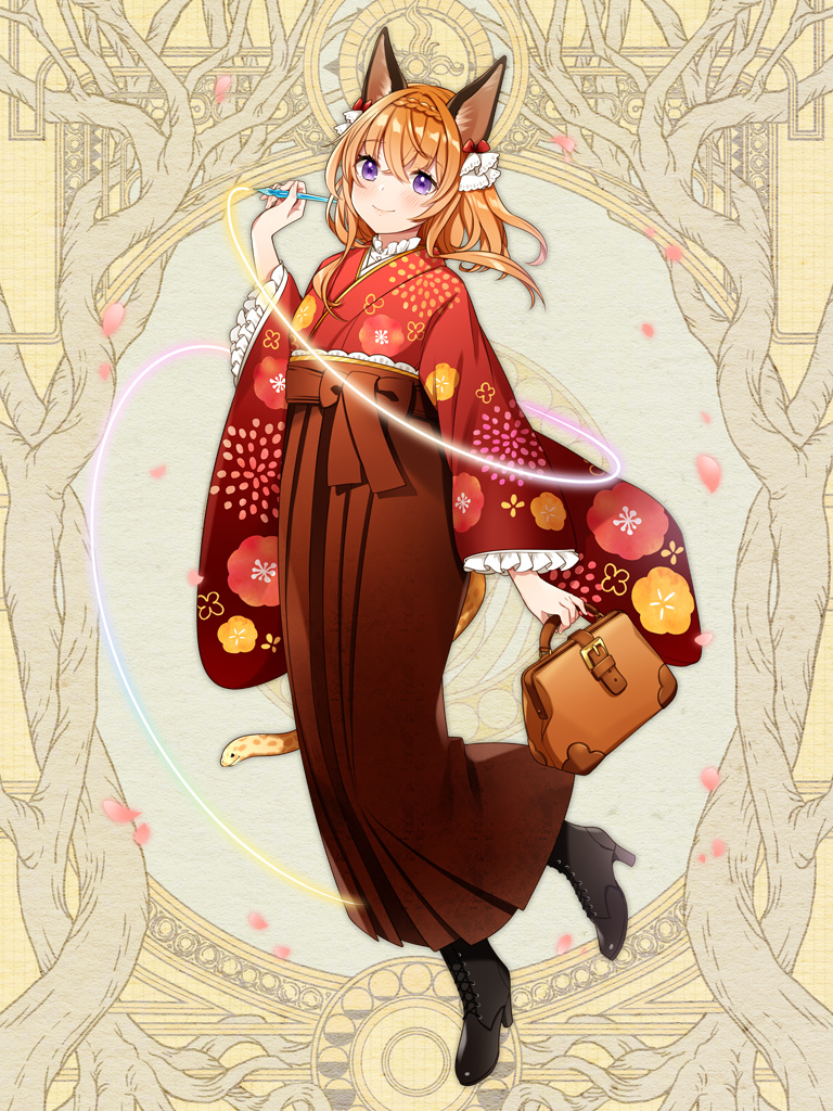 1girl, animal_ears, bag, black_footwear, braid, brown_hakama, cat_ears, cat_tail, crown_braid, dairoku_youhei, floral_print, flower, hair_flower, hair_ornament, hakama, handbag, japanese_clothes, kimono, looking_at_viewer, maruyama_hari, medium_hair, pen, red_kimono, smile, tail, violet_eyes, wide_sleeves