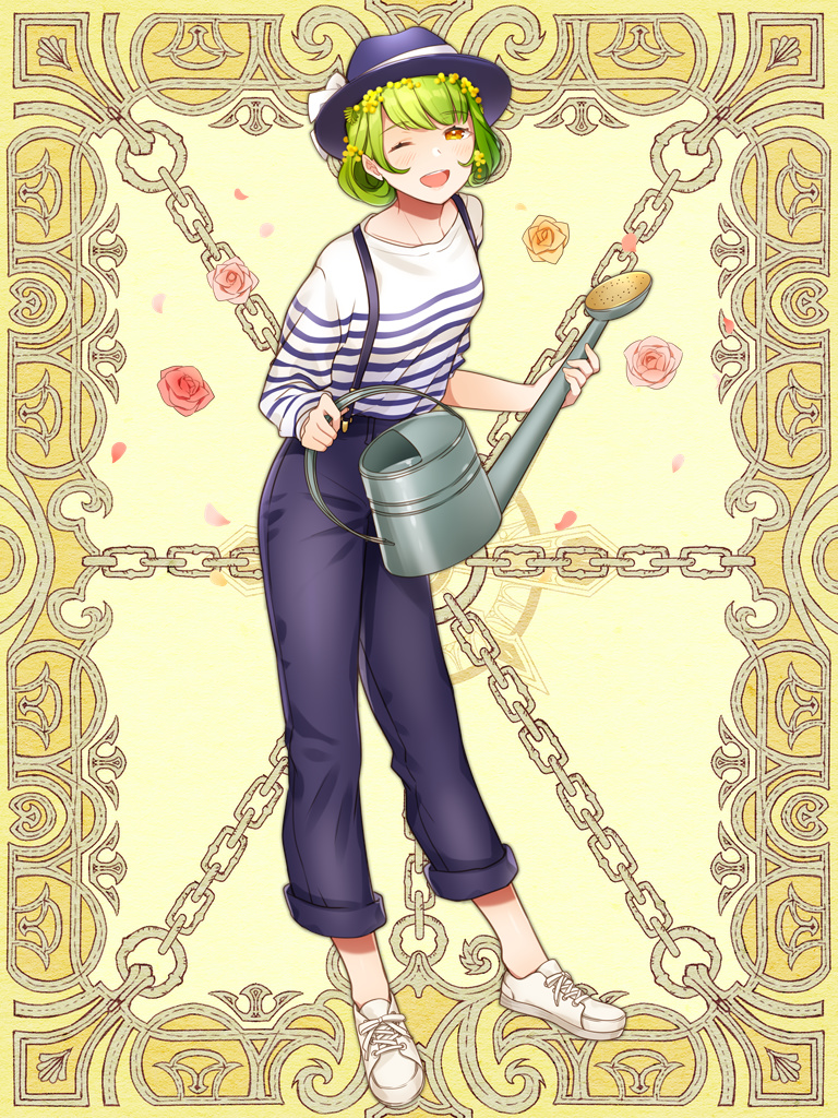 1girl, ;d, black_pants, flower, green_hair, hair_flower, hair_ornament, hat