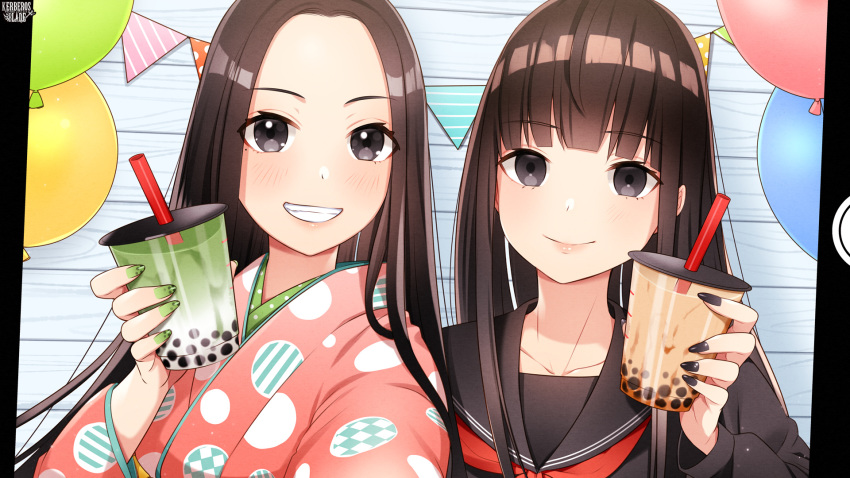 2girls, balloon, bangs, black_eyes, black_hair, black_nails, black_serafuku, blunt_bangs