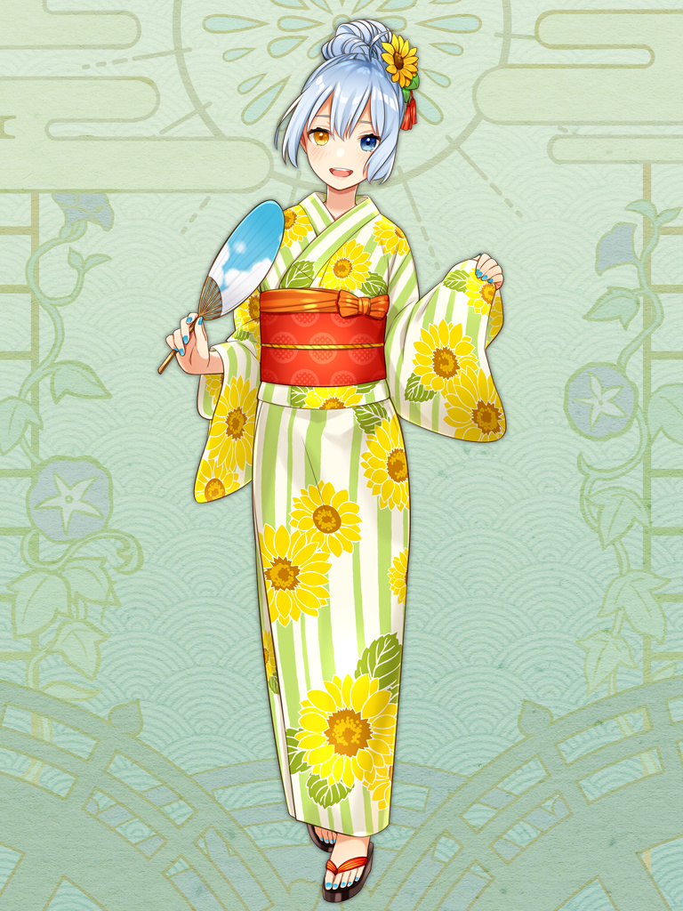 1girl, blue_eyes, blue_nails, dairoku_youhei, double_bun, fan, floral_print, flower