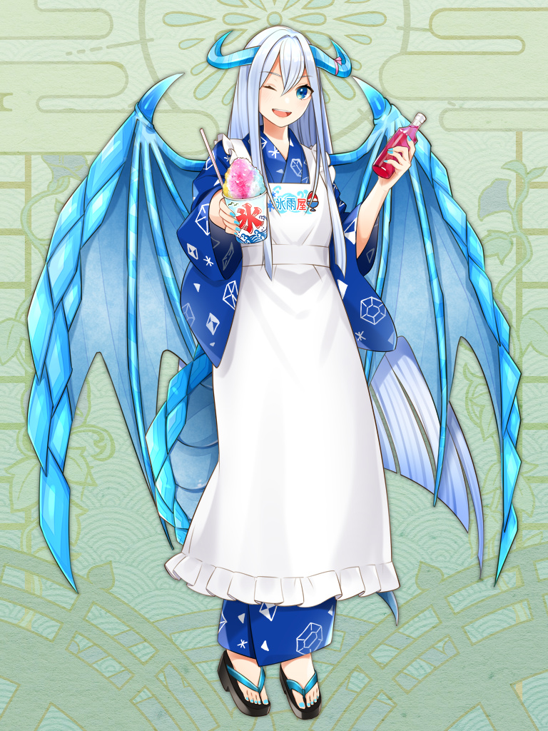 1girl, ;d, apron, blue_horns, blue_kimono, blue_nails, dairoku_youhei, dragon_wings