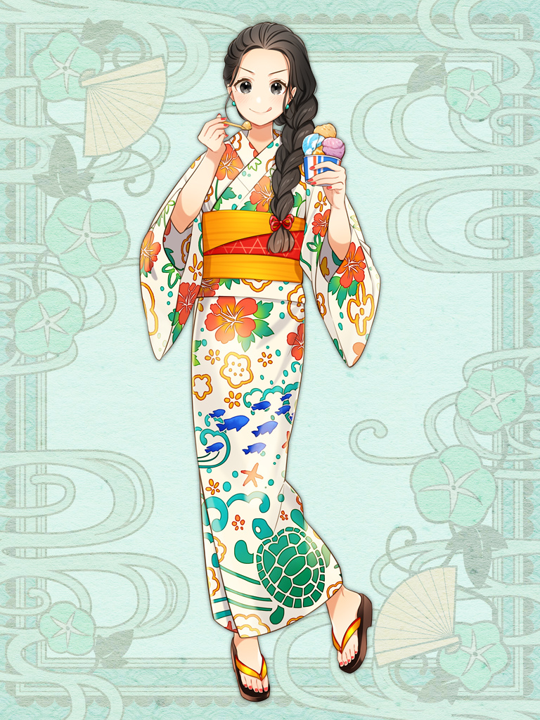 1girl, animal_print, black_eyes, black_hair, braid, earrings, fish_print, floral_print
