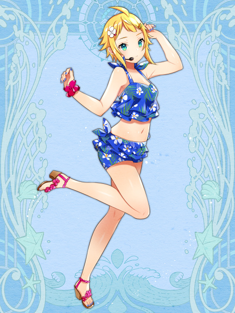 1girl, bikini, blue_background, blue_bikini, blue_eyes, blue_nails, dairoku_youhei, floral_print