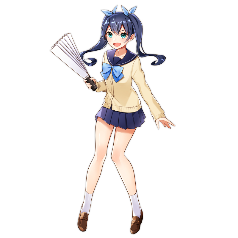 1girl, :d, aqua_eyes, black_hair, blue_bow, bow, brown_footwear, cardigan
