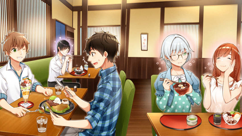 2girls, 3boys, black_hair, blue_shirt, bowl, braid, brown_hair, candy