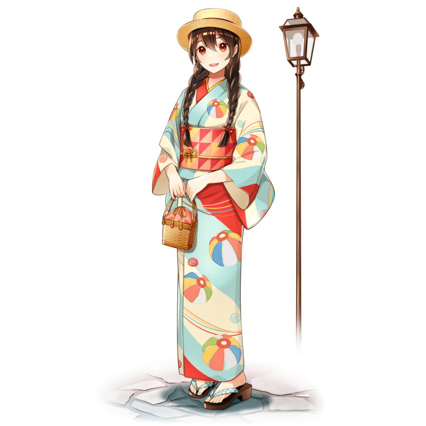 1girl, bag, black_hair, boater_hat, braid, brown_hair, hair_between_eyes, handbag