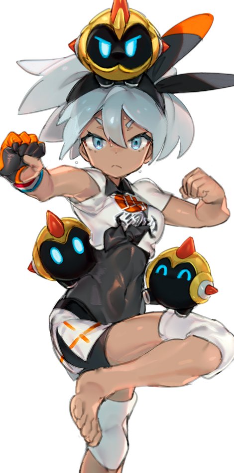1girl, bangs, barefoot, bea_(pokemon), black_bodysuit, black_hairband, blue_eyes, bodysuit, bodysuit_under_clothes, breasts, closed_mouth, collared_shirt, commentary_request, covered_navel, dynamax_band, falinks, gen_8_pokemon, gloves, grey_hair, gym_leader, hair_between_eyes, hairband, hands_up, knee_pads, leg_up, looking_at_viewer, on_head, pokemon, pokemon_(creature), pokemon_(game), pokemon_on_head, pokemon_on_leg, pokemon_swsh, print_shirt, print_shorts, shirt, short_hair, short_sleeves, shorts, single_glove, tied_shirt, toes, xschinkenwurstx