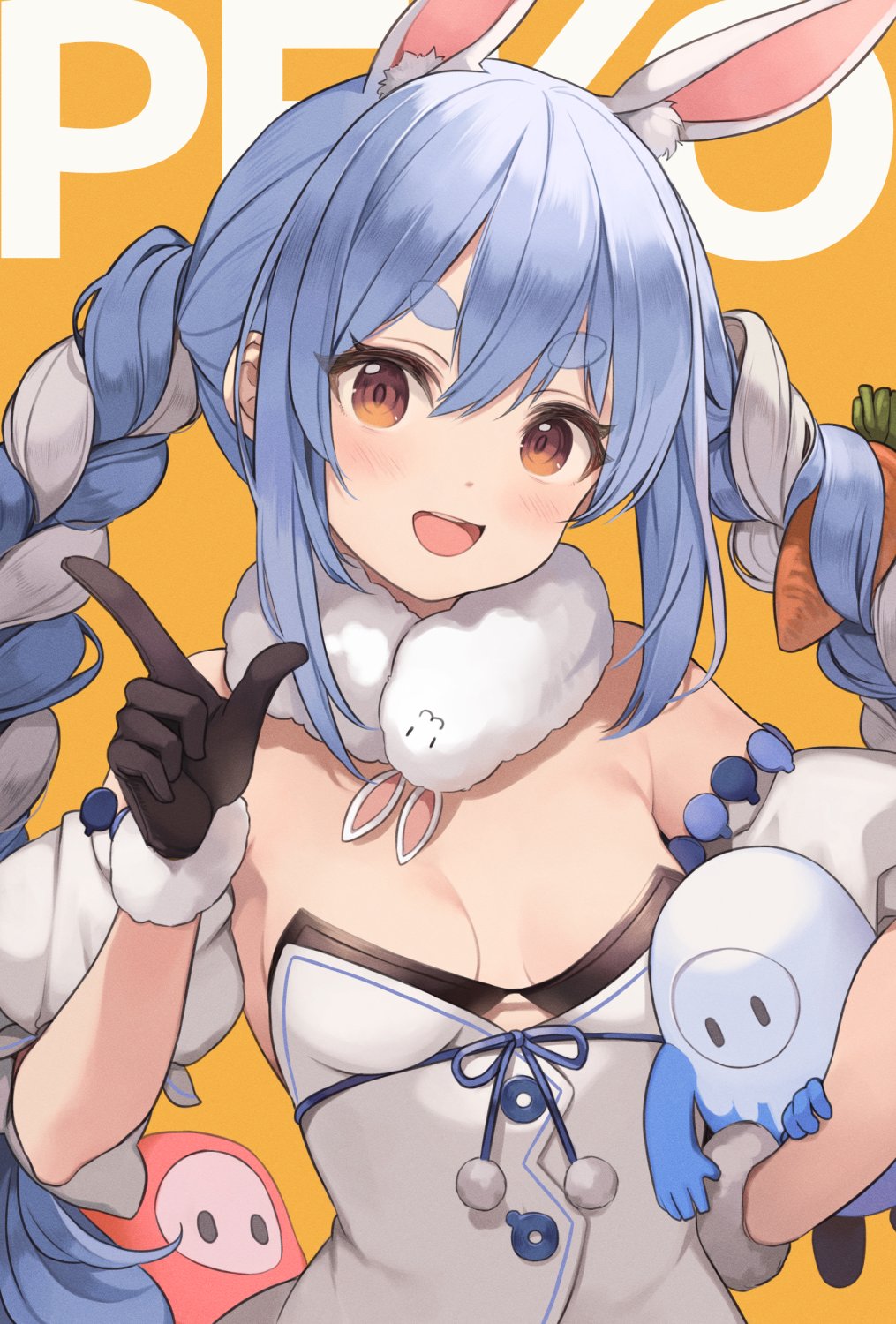 1girl, animal_ears, bangs, black_gloves, breasts, commentary_request, fall_guy, fall_guys