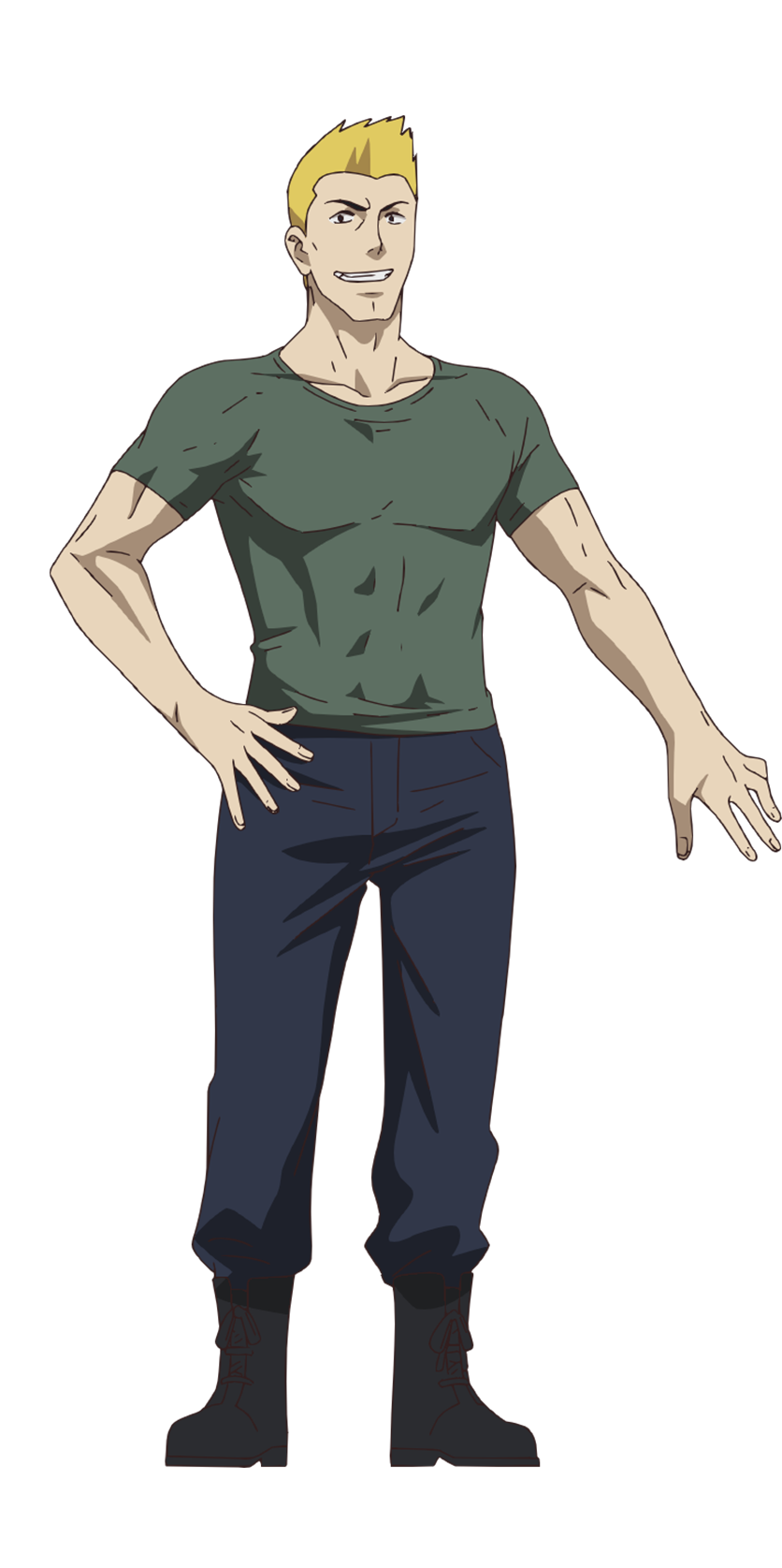 1boy, black_footwear, blonde_hair, blue_pants, boots, full_body, green_shirt, hand_on_hip, highres, kinpatsu_(sigururi), looking_at_viewer, muscle, official_art, pants, senyoku_no_sigrdrifa, shirt, smile, transparent_background